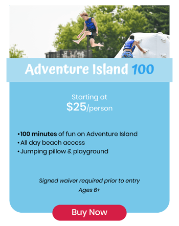 Adventure Island ticket starting at $25 per person, includes 100 minutes of play, all-day beach access, jumping pillow and playground. Signed waiver required. For ages 6 and up.