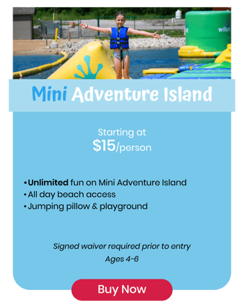 Mini Adventure Island ticket starting at $16 per person, includes unlimited play, all-day beach access, jumping pillow and playground. Signed waiver required. For ages 4–6.