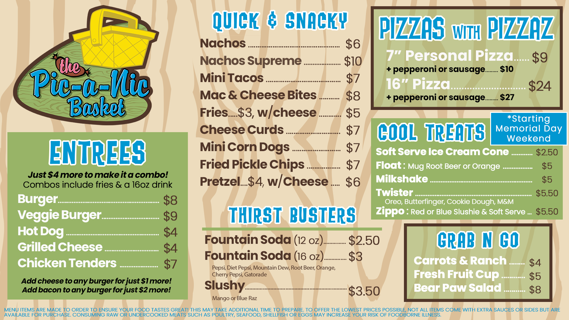 Pic-a-Nic Basket snack shop menu located at Jellystone Park™ Caledonia.
