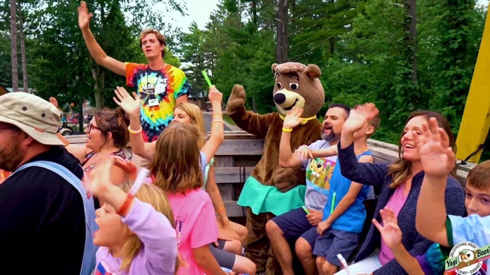 An image of Jellystone campers on a Hey! Ride.