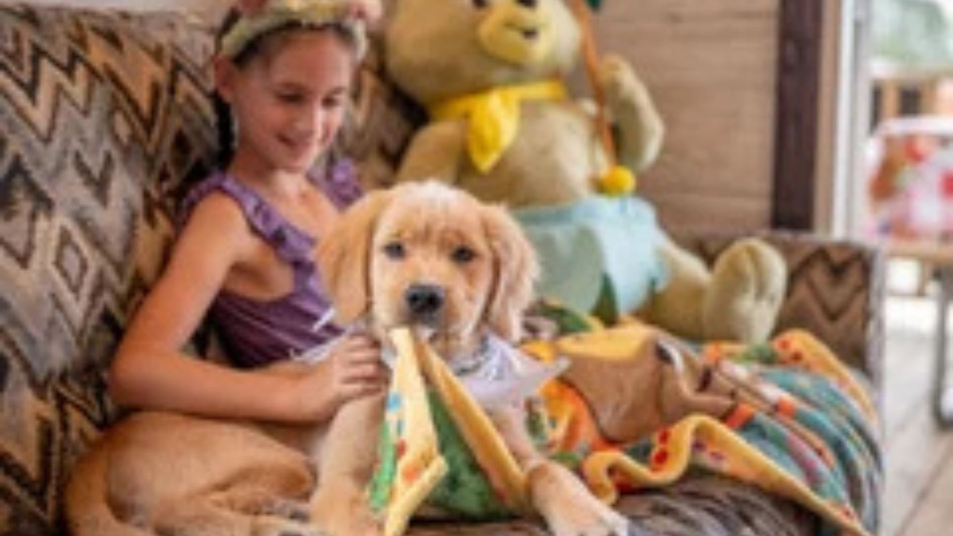 An image of a Jellystone camper and her dog in their glamping cabin.