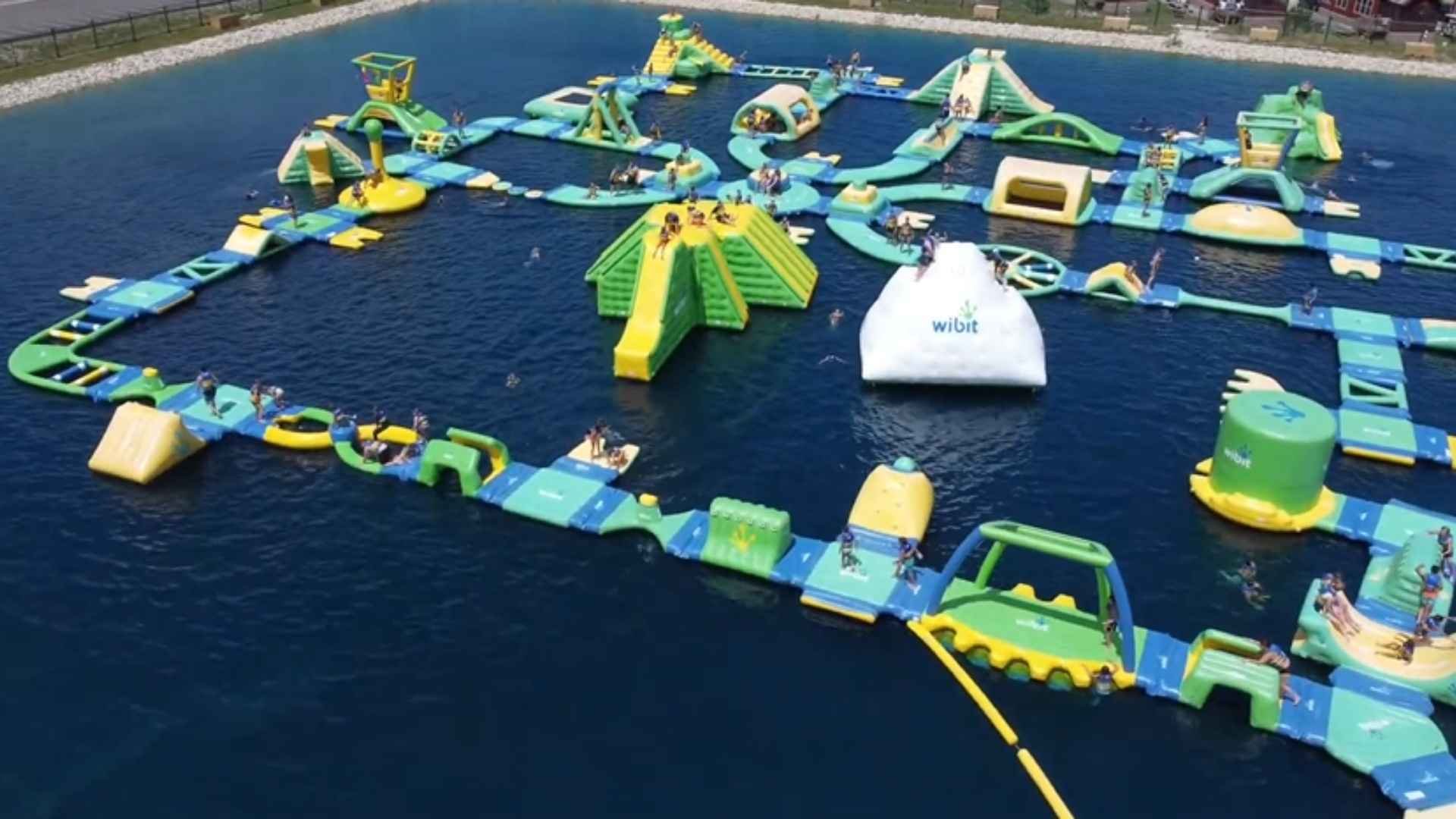 An aerial view of Adventure Island: the largest floating water obstacle course in the USA!