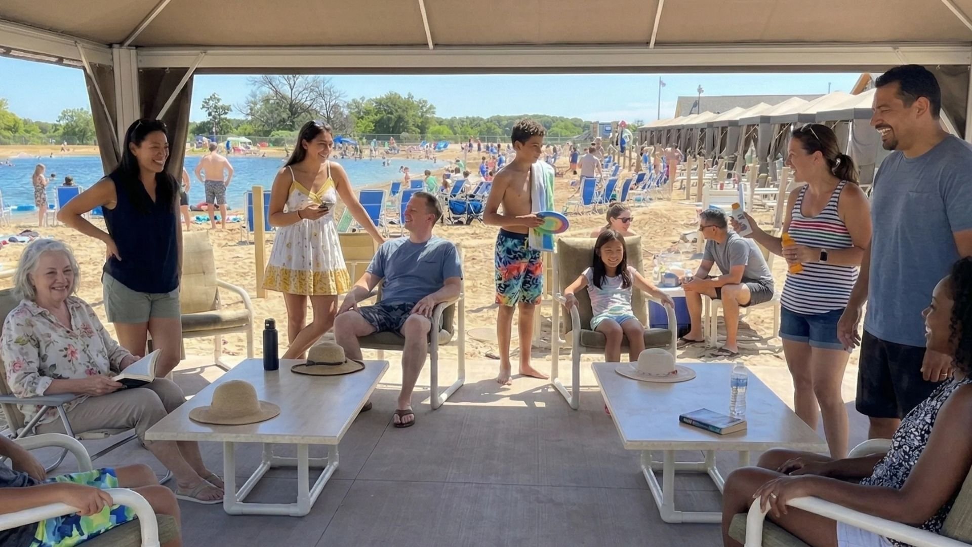 An image of a large family under a cabana at Bear Paw Beach.