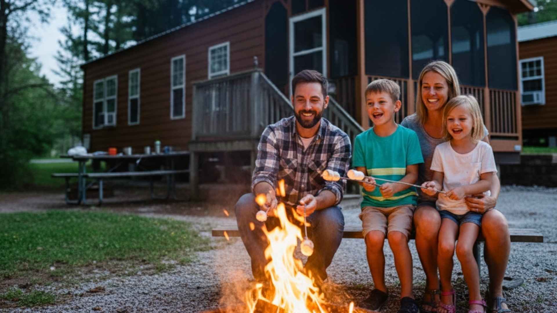 An image of a family having fun making s'mores outside of their cabin.