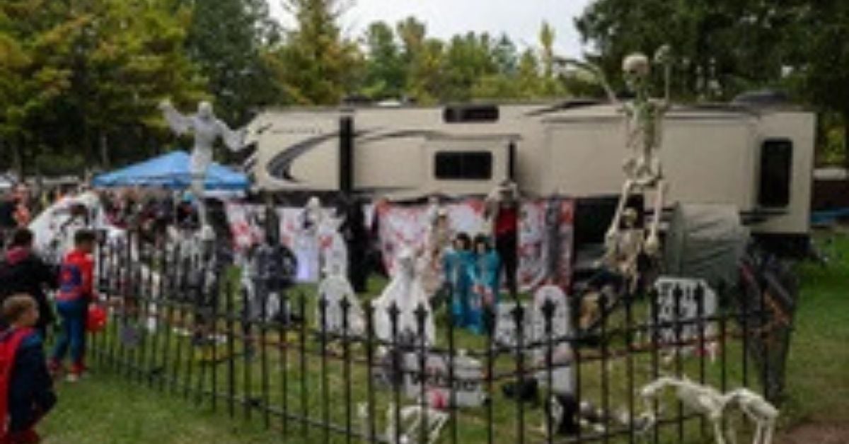 An image of an RV campsite decorated for Halloween at Jellystone Park™ Caledonia.