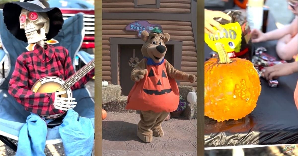 An collage of a skeleton, Boo Boo in a costume, and a camper painting their pumpkin at Jellystone Park.